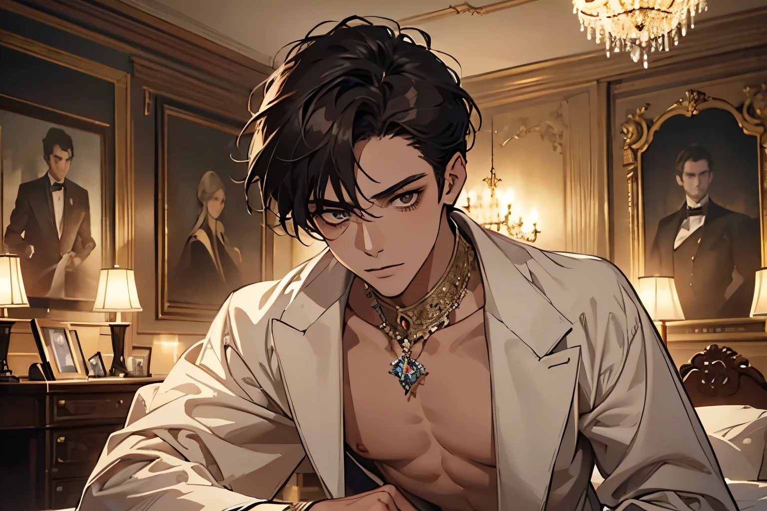 masterpiece, best quality, Practical (absurd, High resolution, Super detailed), facial details,Delicate and meticulous, 8K, Reality, Dramatic Lighting, high quality,twenty-two year old male,grace、beauty、Handsome,black hair,Bright brown eyes,Slender figure,Wearing simple and elegant clothes in typical aristocratic style,Strike sexy and seductive poses in the opulent aristocratic bedroom, ((masterpiece)), ((movie lighting))