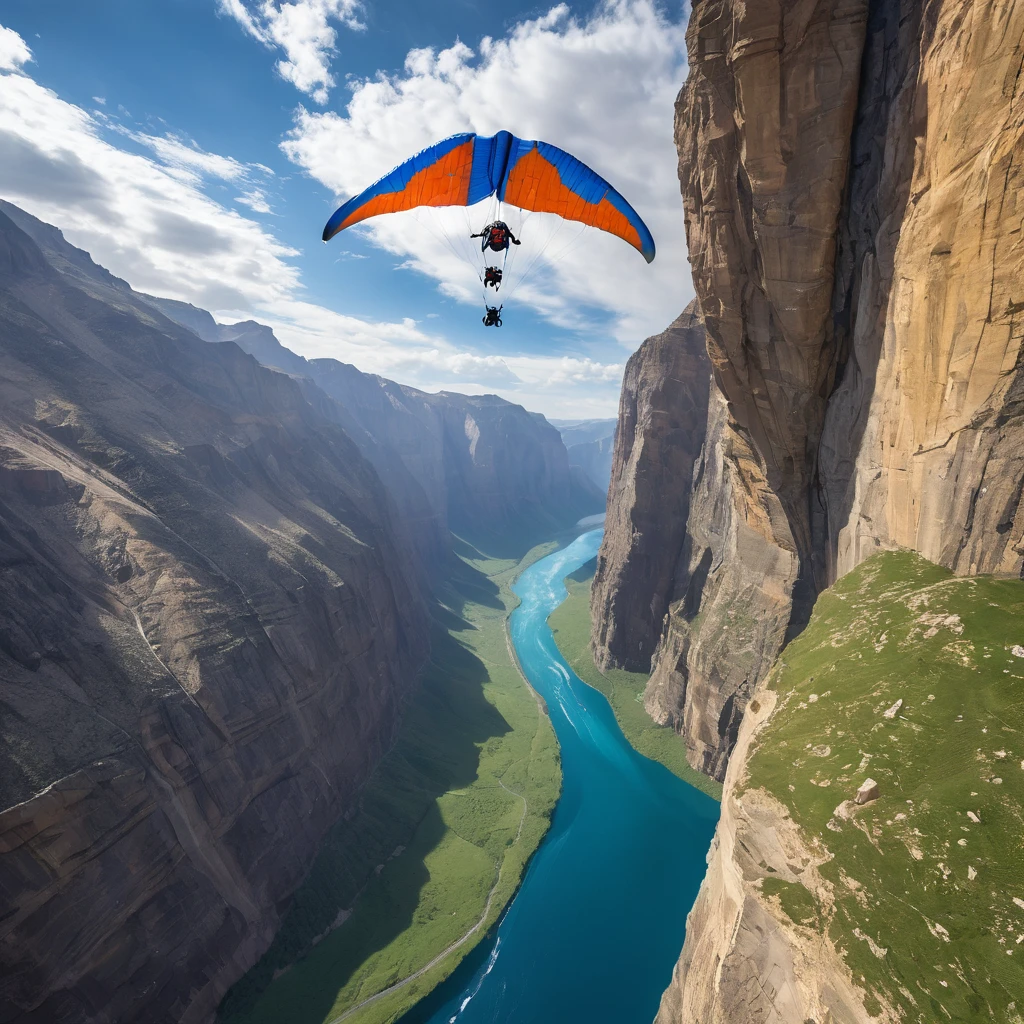 Create an incredibly exhilarating and visually dynamic image featuring an "Adrenaline Junkie." Picture a daring athlete mid-flight, performing an extreme base jump from a towering cliffside into a breathtaking, expansive canyon. The athlete is captured in a moment of pure exhilaration, with their wingsuit spread wide and a look of intense focus on their face.
The background showcases the stunning natural beauty of the canyon, with rugged, sunlit cliffs, cascading waterfalls, and a winding river far below. The sky is a vivid blue with dramatic clouds and the sun casting a golden glow, highlighting the textures of the rocks and the flowing water.
In the foreground, the details of the wingsuit, complete with vibrant colors and aerodynamic designs, are sharply rendered, emphasizing the high-tech gear that enables this thrilling descent. The entire scene is infused with a sense of speed and motion, with the wind rushing past and the ground approaching rapidly.
The overall color palette should be bold and vivid, with contrasting tones to accentuate the adrenaline-fueled action and the awe-inspiring natural surroundings. The image should evoke a sense of adventure, daring, and the sheer thrill of pushing human limits in a spectacular setting.