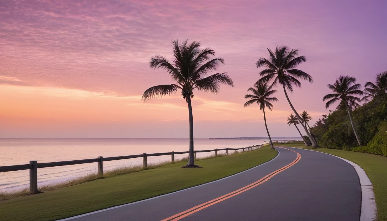a serene coastal scene at sunset. Picture a bike path curving gently towards the beach, lined with Asphalt  tall, slender palm trees swaying gently in the breeze. The sky is painted in soft hues of pink, purple, and orange, reflecting the calmness of the approaching evening. A few wispy clouds add texture to the sky, while the ocean in the background captures the last glimmers of sunlight. The overall mood should evoke a sense of tranquility and the beauty of a tropical sunset.