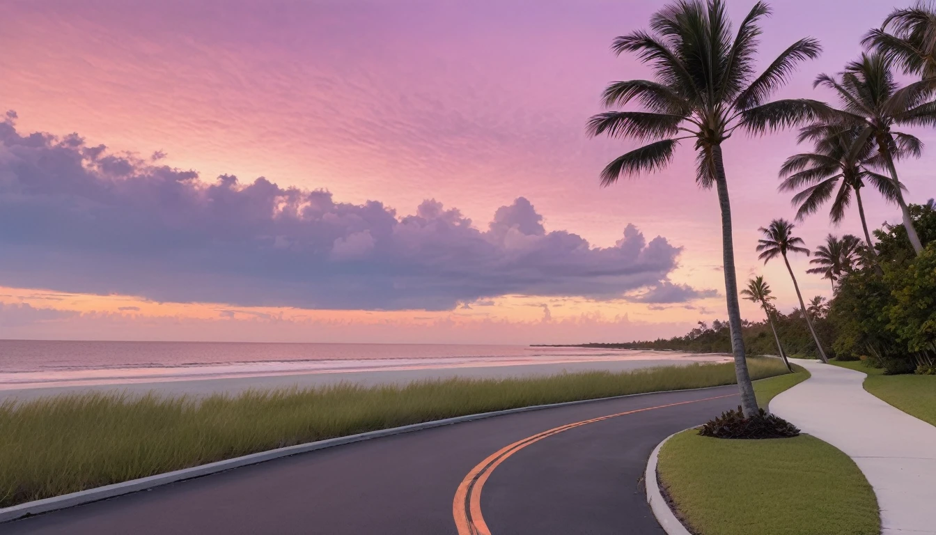 a serene coastal scene at sunset. Picture a bike path curving gently towards the beach, lined with Asphalt  tall, slender palm trees swaying gently in the breeze. The sky is painted in soft hues of pink, purple, and orange, reflecting the calmness of the approaching evening. A few wispy clouds add texture to the sky, while the ocean in the background captures the last glimmers of sunlight. The overall mood should evoke a sense of tranquility and the beauty of a tropical sunset.