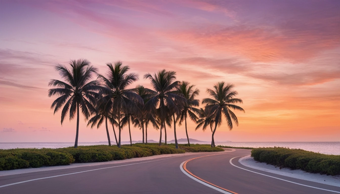 a serene coastal scene at sunset. Picture a bike path curving gently towards the beach, lined with Asphalt tall, slender palm trees swaying gently in the breeze. The sky is painted in soft hues of pink, purple, and orange, reflecting the calmness of the approaching evening. A few wispy clouds add texture to the sky, while the ocean in the background captures the last glimmers of sunlight. The overall mood should evoke a sense of tranquility and the beauty of a tropical sunset.