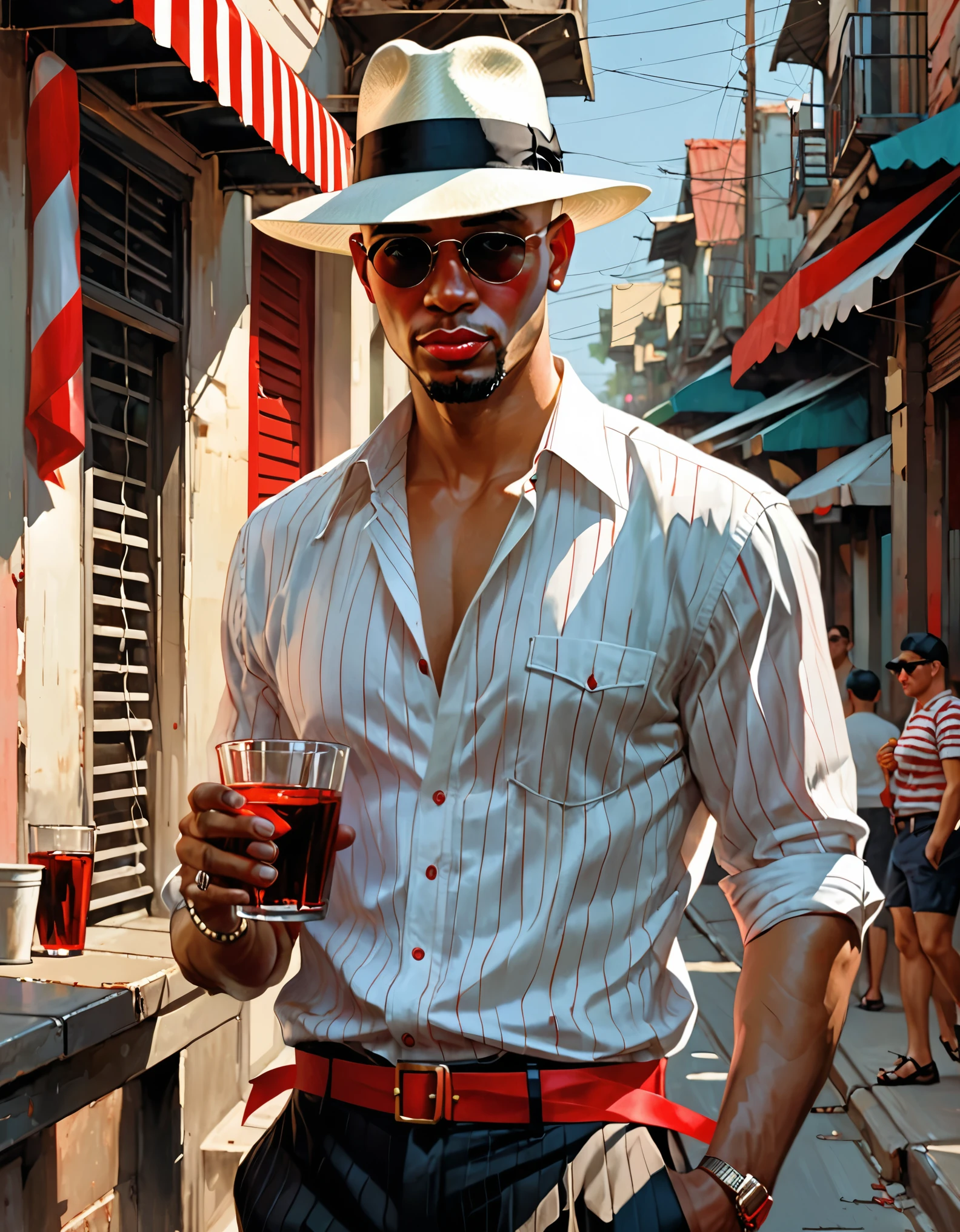 Craig Mullins ilustration style, black fitted man, short buzzcut hair, thick lips, white panama hat with a red ribbon on it, thick white and red striped shirt, glass of qhisky in hand, surrounded by bars in the street