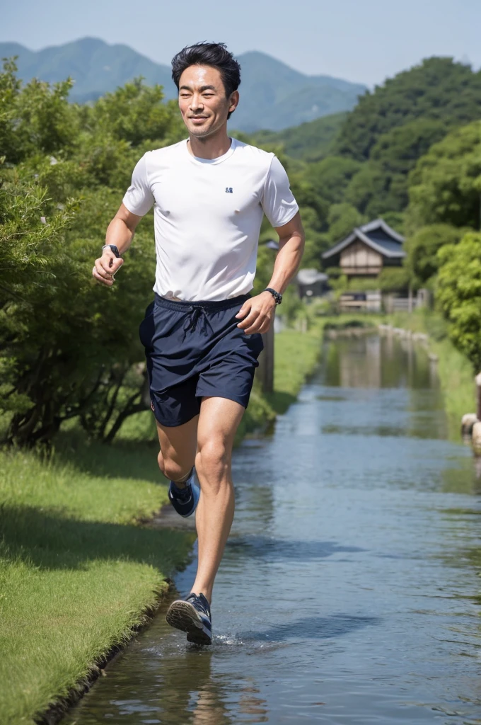 A man with a fish face runs through the Japanese countryside