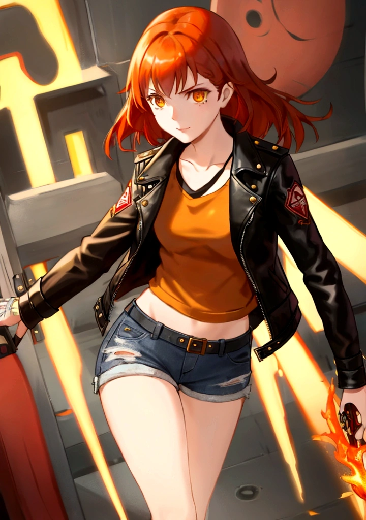 A stylish female assassin, 19 years old, with short fiery red-orange hair and a deep voice. She wears a black leather jacket and denim shorts, with a dagger attached to her thigh. Her leather jacket features subtle patterns of feathers, and she has a flame tattoo on her arm. She stands confidently against a pure white background, exuding a strong and rebellious attitude. Her eyes glow with a golden hue.