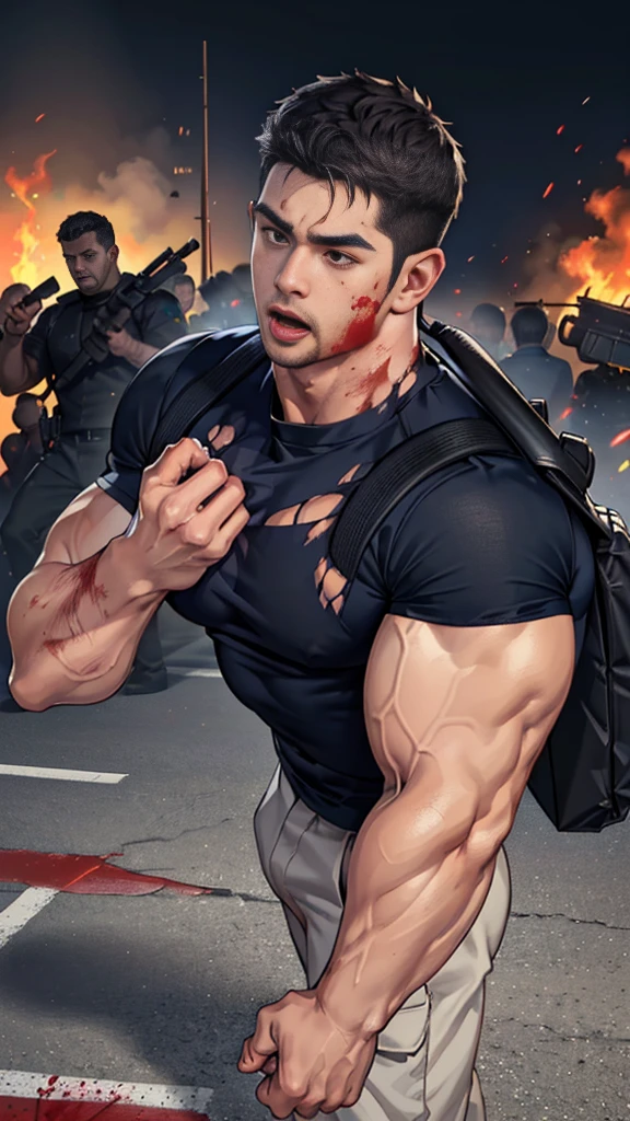 (Create a masterpiece: 1.2),(CGI art:1.3),(realistic:1.5),(After processing:1.3),(Sharp focus:1.3), (man Fight, join in battle:1.5 ), straight, front ,Chris Redfield ,(black hair), smile open mouth, (Wear color navy round neck T-shirt: 1.5), (with a Police badge: 1.2), navy cargo, (Torn shirt:1.6), (wound: 1.3) , (blood splatters) ,( abrasions on face: 1.5), (Blood stains on the face and body: 1.4), Korean guy , korean men, (High gloss details), chest muscles, large arm muscles, blood vessel, Big muscles, Broad shoulders, looking at the audience, Balancing the eyes, middle of the road , (Carrying a black backpack: 1.3) ,(Fire blazes behind) ,(open mouth:1.6)