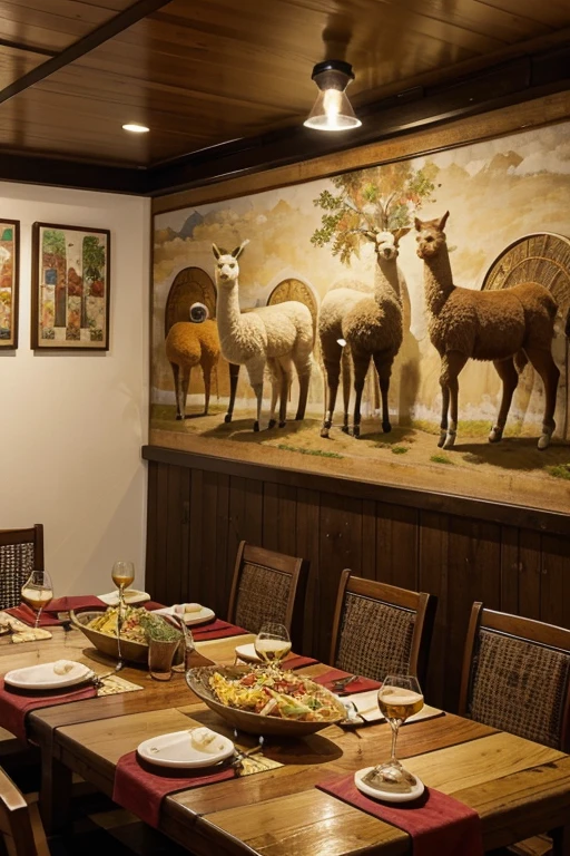 An alpaca eating at a Spanish restaurant in Saitama Prefecture。On the table is the main course of paella and a glass of water.、Cutlery is laid out。
Alpaca-themed paintings hang on the wall in the background.。
