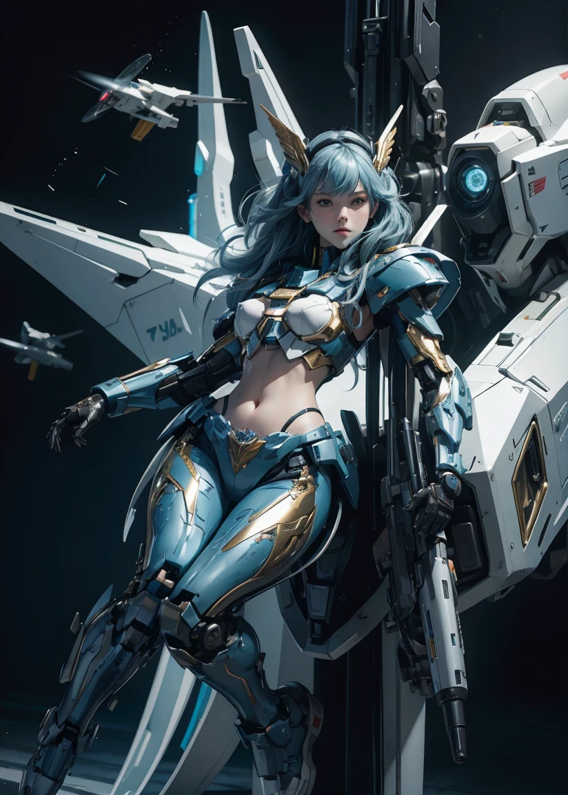 Textured Skin, Super Detail, High Detail, high quality, best quality, high resolution, 1080p, harddisk, beautiful,(Gundam),beautiful女人,Mecha Girl,Battle Mode,Mecha Girl,She wears a futuristic Gundam mecha,full-body shot，barebelly，navel，Showing belly，The abdomen is completely bare，Mermaid Line