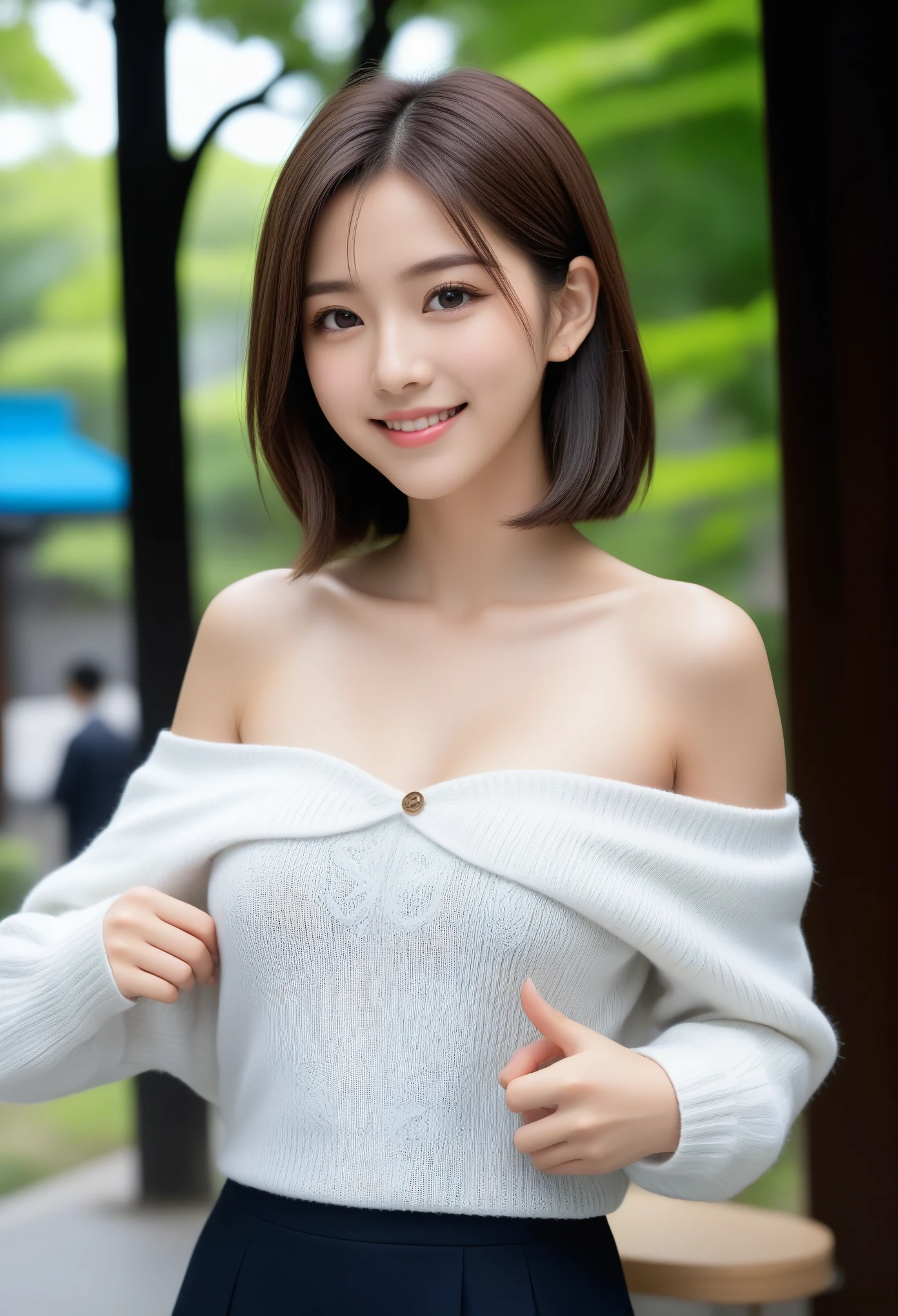 8k, Ultra-high resolution, Highest quality, masterpiece, 三分割法によるphotograph,Surreal, photograph, 1 girl, (:1.3), pretty girl, Cute face, Beautiful eyes in every detail, 細かくdetailedに,masterpiece,, One Girl:1.2, Japan Female Announcer,whole body,Young Wife,Urban area,street tree,(V-neck sweater, Off the shoulder:1.2),Pencil Skirt,clavicle,Full of cleanliness,A carefree smile,Healing the heart,Short Bob,Looking at the audience、beauty,Long neck、Laugh a little、Please close your mouth and laugh、(((Ideal body type))),A-cup small breasts :2,、Portraiture:2、Perfect Anatomy、鮮明なdetailed、detailed、Surreal、Light and shadow,Strong light