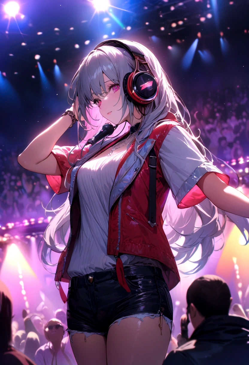 (Headphones:1.2), (Highest quality)), ((Very detailed)), ((masterpiece)), photograph,(DJ and headphones and microphone:1.4), Vibrant performances (Music Festival:1.2) and (Lively crowd:1.1) and (Colorful stage lighting:1.1).