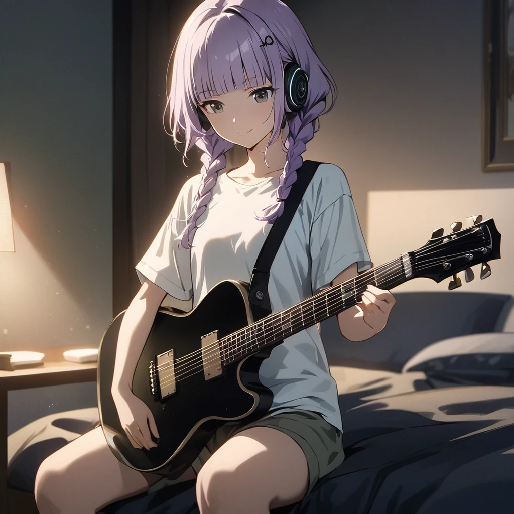 (Cute a girl:1.5), (masterpiece:1.3), anime visual, (a girl is wearing a white t-shirt and shorts, headphones and playing a guitar.:1.3 ), (Lovey-dovey:1.5), (tilt head:1.3), extremely delicate face, soft clean focus, realistic lighting and shading, (an extremely delicate and beautiful art:1.3), elegant, (muted colors:1.1),(one girl with closs hair pin,pale purple hair,wavy two braids,blunt bangs hair,green and black eyes:1.4), small breast,slim,smile,Slender,night lit, bedroom,
