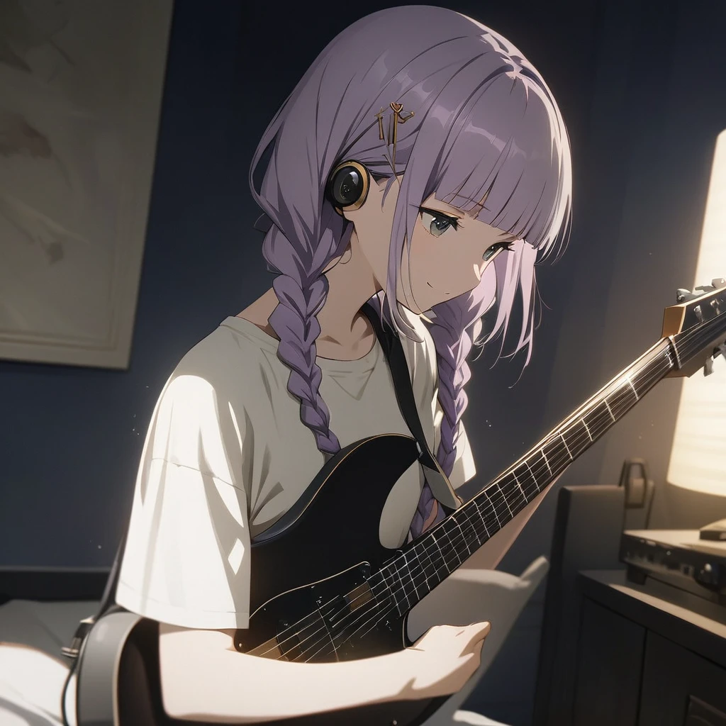(Cute a girl:1.5), (masterpiece:1.3), anime visual, (a girl is wearing a white t-shirt and shorts, headphones and playing a guitar.:1.3 ), (Lovey-dovey:1.5), (tilt head:1.3), extremely delicate face, soft clean focus, realistic lighting and shading, (an extremely delicate and beautiful art:1.3), elegant, (muted colors:1.1),(one girl with closs hair pin,pale purple hair,wavy two braids,blunt bangs hair,green and black eyes:1.4), small breast,slim,smile,Slender,night lit, bedroom,