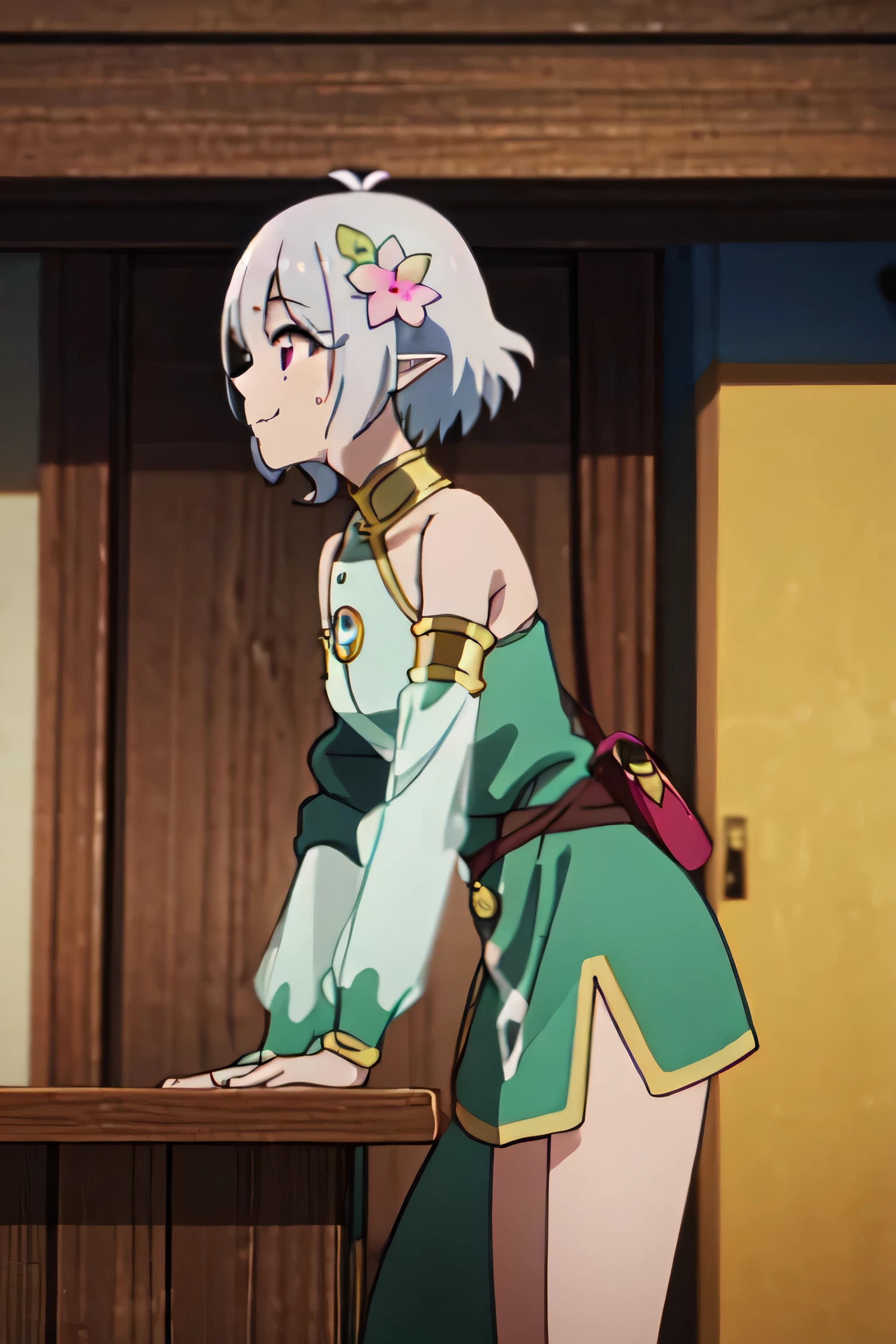 KOKKORO, GREY HAIR, SHORT HAIR, ANTENNA HAIR, PINK EYES, HAIR FLOWER, POINTY EARS, KokkoroDress, dress, detached sleeves, green cape, single bare shoulder, 1girl, solo, in the center, smileside view, viewed from side, smile, sensual expression,eyes closed,leaning forwards,leaned forwards,sweaty

