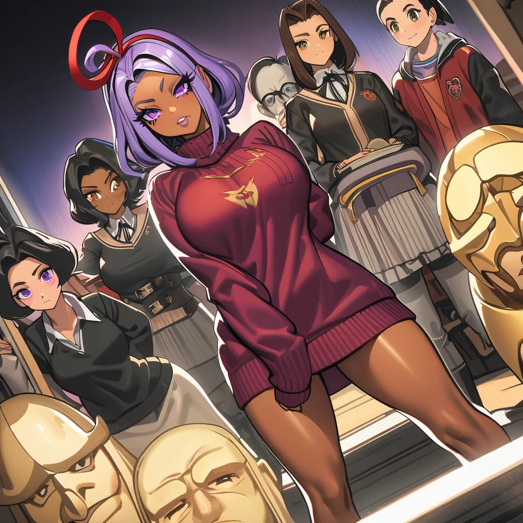 Obra de arte, melhor qualidade, extremamente detalhado,Dutch angle, anime,Large school sweater、saia xadrez xadrez,pele bronzeada,15 anos ,dark skin tiny body,peito pequeno,baby face,hand between legs,QUEBRAR,cabelo roxo escuro multicolorido,rabo de cavalo lateral,cabelo curto com mechas longas,QUEBRAR,olhos vermelhos,sobrancelha grossa,inexpressivo,Detailed lips,False eyelashes,QUEBRAR,red cotton ribbon,QUEBRAR,QUEBRAR,microssaia,QUEBRAR,escola