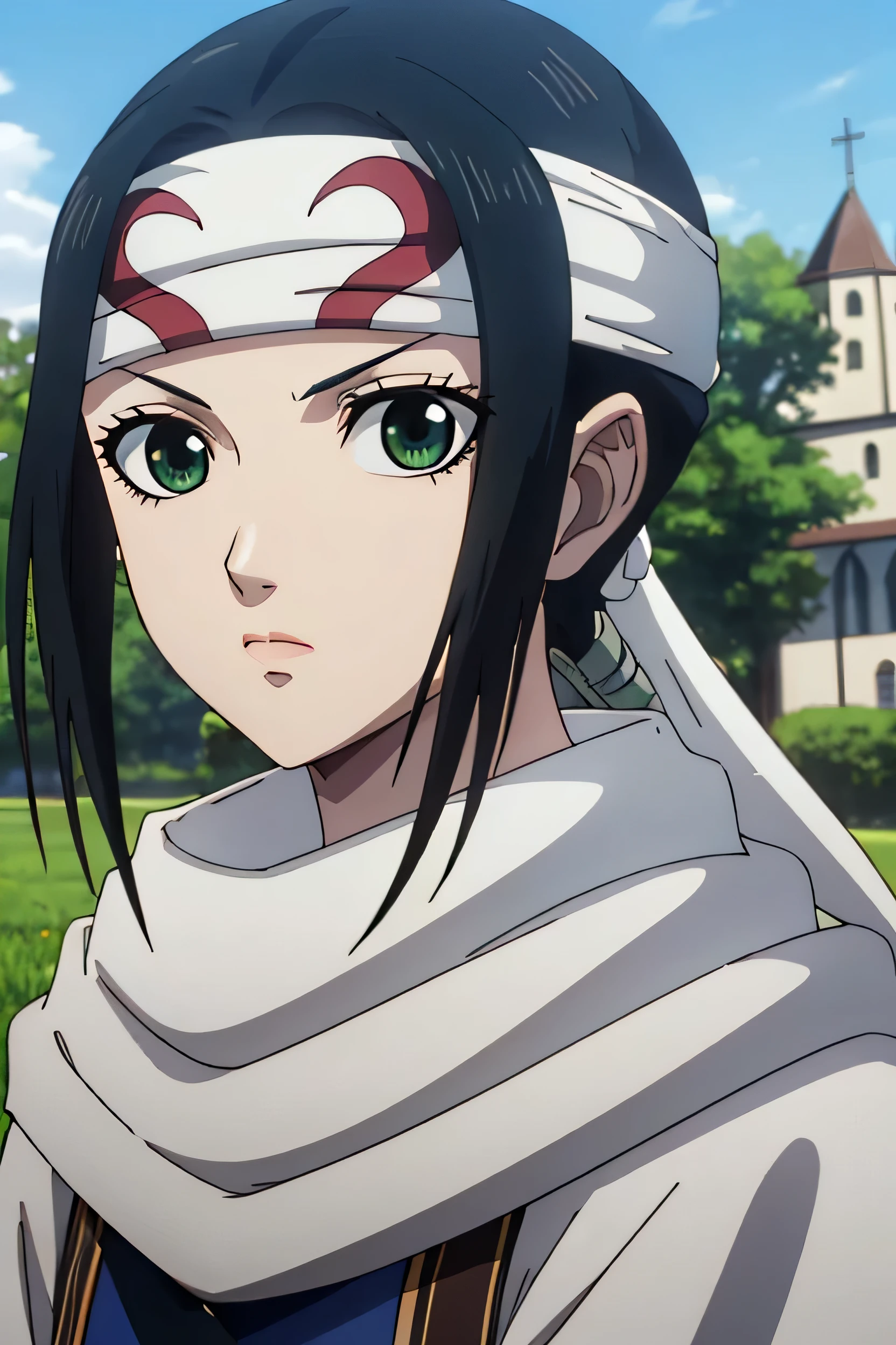 masterpiece, Highest quality,One girl, Church, 15 years old, Black Hair, Braiding, ponytail, Green Eyes,  head band, scarf,Upper Body, alone, View your viewers, Grass, blue sky, Grass background , Looking at the audience, Medium chest, View your audience, so beautiful, Absurd, front, break looking at viewer, break outdoors, city, break (masterpiece:1.2), Highest quality, High resolution, unity 8k wallpaper, (figure:0.8), (Beautiful fine details:1.6), Highly detailed face, Perfect lighting, Highly detailed CG, (Perfect hands, Perfect Anatomy),Detailed face, looking at the viewer, emotionless eyes, emotionless facial expression, Ready your sword,Stern eyes,