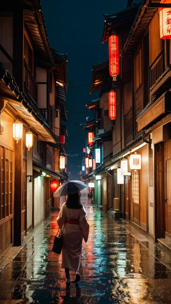 A girl, back hair with poney tall, kimono, arafed view of a village with a lot of lights on the buildings, dreamy chinese town, chinese village, amazing wallpaper, japanese town, japanese village, hyper realistic photo of a town, old asian village, japanese city, by Raymond Han, rainy evening, cyberpunk chinese ancient castle, beautifully lit buildings, at evening during rain, beautiful and aesthetic, photography, cinematic, 8k, high detailed ((Heavy rain)))