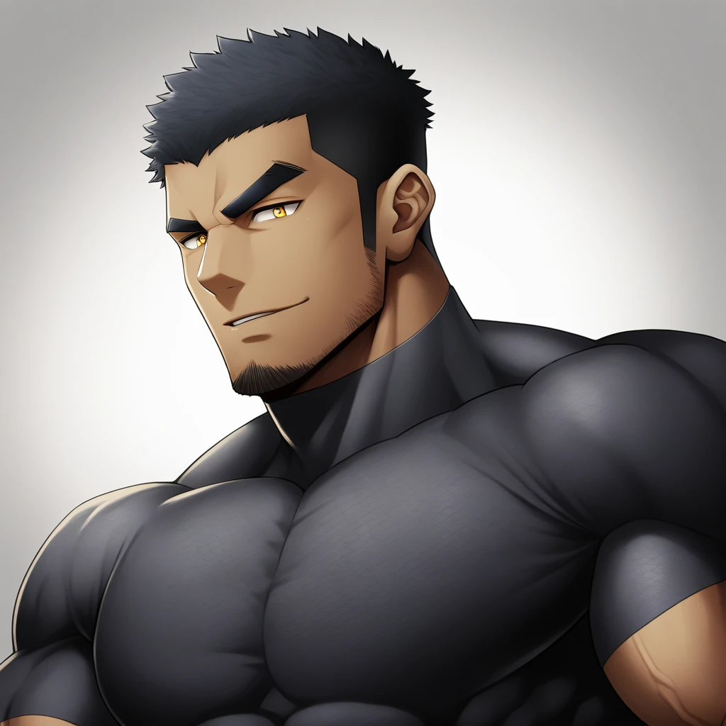 one negro, anime characters：Gyee, Hibino Kafka, Muscle Sports Student, negro black skin, Very Black, 1 muscular tough guy, Manliness, male focus, Dark grey turtleneck tight T-shirt, T-shirt with snake skin scale texture, Regular symmetrical pattern, Very tight, The pectoral muscles are oversized, muscular male, muscular, only, Upper body, alone, Black short hair, Thick eyebrows, stubble, Yellow eyes, White background, simple background, amazing quality, best aesthetics, Ridiculous, bright pupils, crew cut, parted lips, seductive smile, torogao, naughty face, best quality