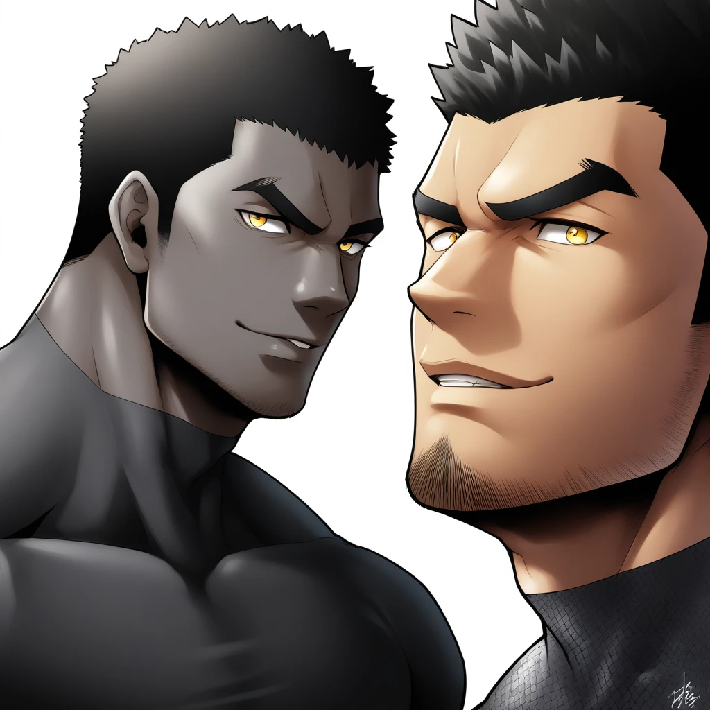 one negro, anime characters:Gyee, Hibino Kafka, Muscle Sports Student, negro black skin, Very Black, 1 muscular tough guy, Manliness, male focus, Dark grey turtleneck tight T-shirt, T-shirt with snake skin scale texture, Regular symmetrical pattern, Very tight, The pectoral muscles are oversized, muscular male, muscular, only, Upper body, alone, Black short hair, Thick eyebrows, stubble, Yellow eyes, White background, simple background, amazing quality, best aesthetics, Ridiculous, bright pupils, crew cut, parted lips, seductive smile, torogao, naughty face, best quality