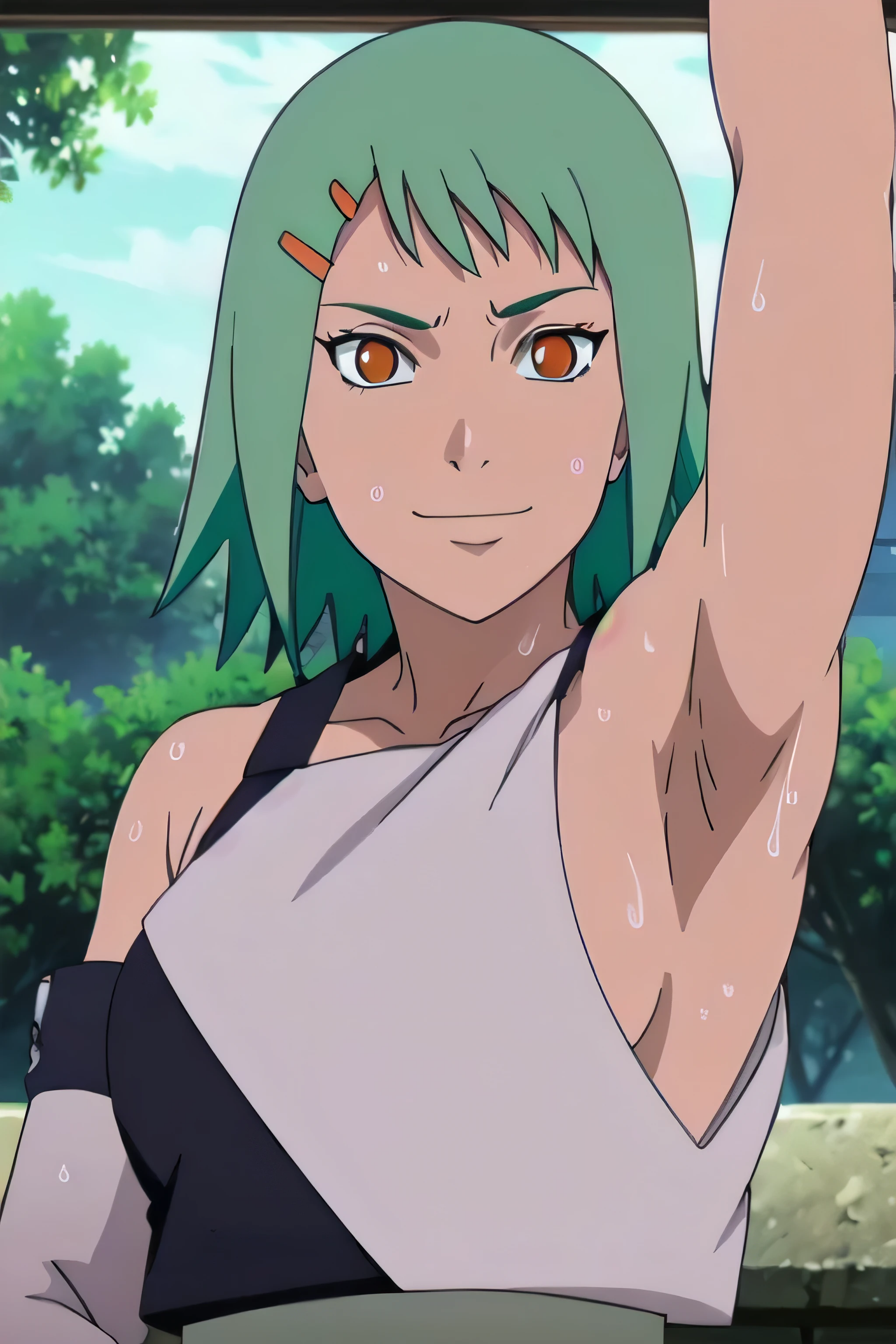 FUU, 1girl, solo, facing viewer, looking at viewer, smile,armpits,armpit,sweat,sweaty,sweaty armpits,awesome armpits,tired,exhausted,sensual expression