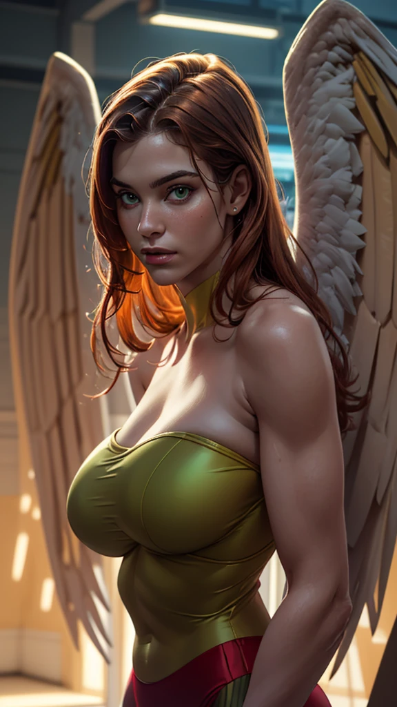 (ultra realistic,32k, masterpiece:1.2),(high detailed skin:1.1),( 8k uhd, dslr, high quality:1.1),
 ShayeraDC, (green eyes:0.9), yellow leotard, strapless, red trunks, green pantyhose,  wings, feathered wings, , (huge breast:1.1), 
(looking at viewer, Bend forward:1.1),(upper body:1.2),
,(beautifully lit:1.1), cybernetic body modification studio, body augmentations, biohacking enhancements, identity transformations