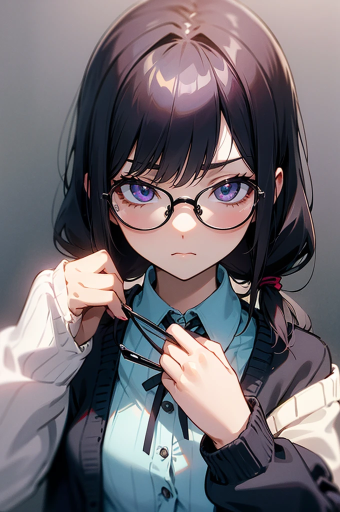 femele、A dark-haired、poneyTail、Straight face、wears glasses、cardigan