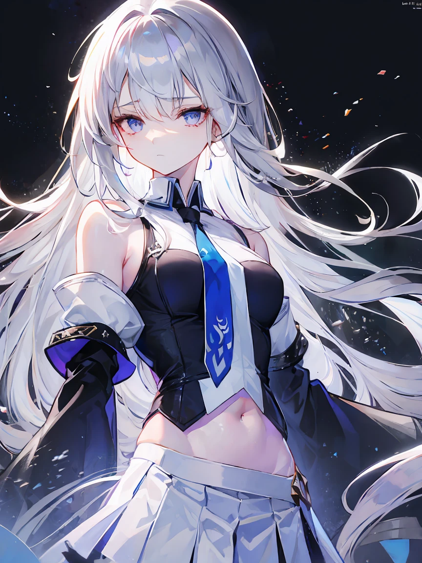 Light purple gradient hair,asymmetrical hair,((Thick hair 1.8,Clear head outline 1.6)), Shoulder-length hair, messy hair, Very long hair, shiny hair,(long gray hair:1.2),A beautiful girl,(White school uniform, Black skirt,Navel,Bare shoulders,Blue tie)(Separate sleeves,Wide sleeves),(Fingerless gloves),(Transparent clothes transparent 1.8),Perfect body,,(Looks sad,Looks haggard ,Grief,shut your mouth:1.2) With dark forest background,,Upper body photo。(avatar)