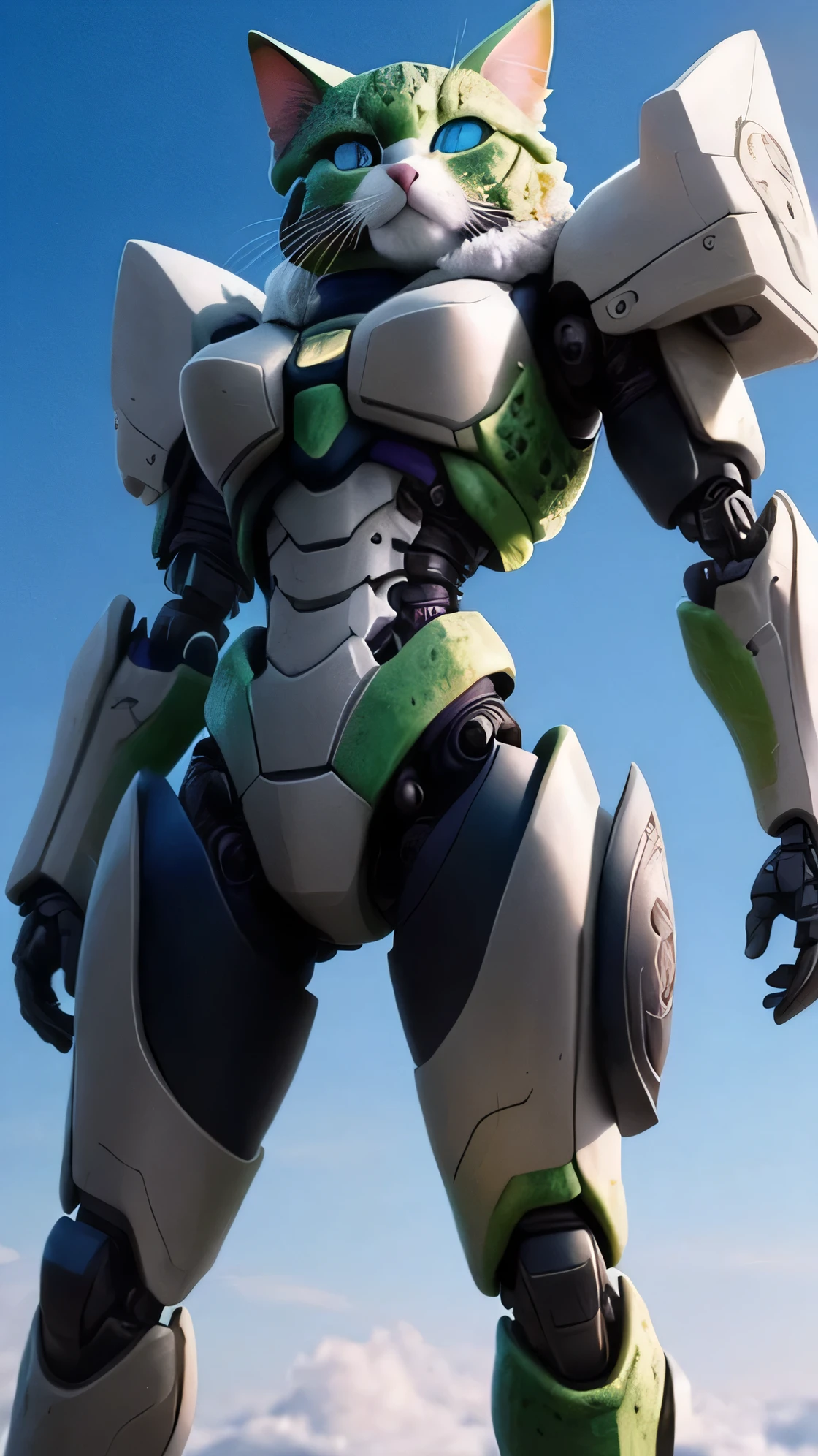 Close-up of a cat figurine with the sky in the background, cell, Armored Cat, Cyborg Cat, Very detailed, cell shaded!!!, Ultra-detailed!!, cell - shading, cell-shading, cell shaded, cell animation, cell - shaded, cell-shaded, Ultra-detailed!, a Cyborg Cat, fur art, cell shading, Full body close-up shot