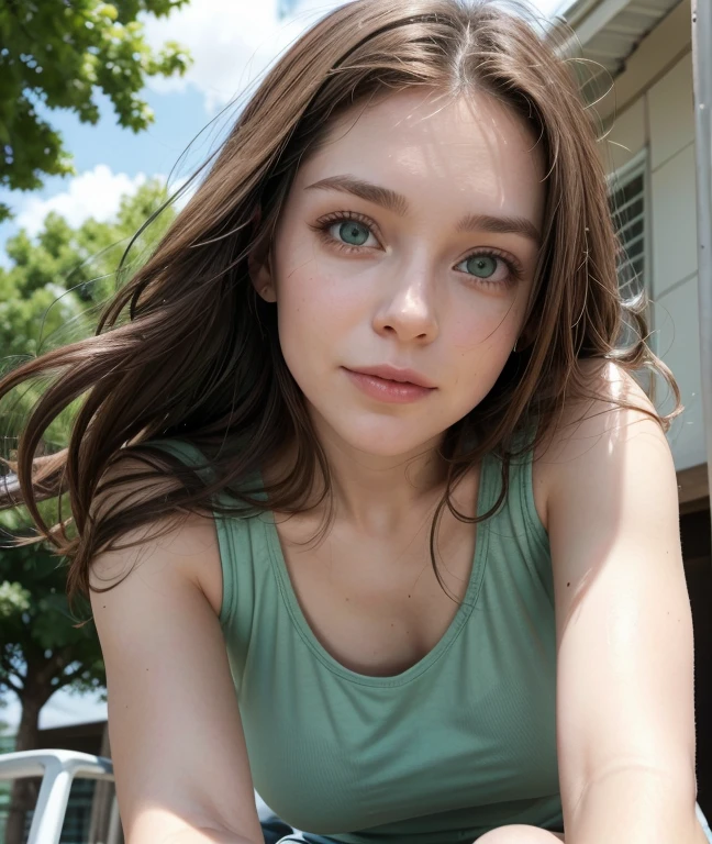 White woman, 35 years old, Brown hair, Green eyes, Nice face, Nice body, riding a bike