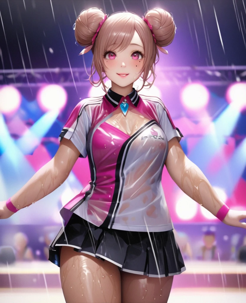 One Girl、Looking at the audience、lovely,
Beautiful pink eyes、Two brown double hair buns , Mole under the eye、Plump and glossy lips、Heart-shaped choca、Dance team uniformini skirt, Her name is May,smile、ー、。.。.。.。.。.。.。.。.。.。.。.。.。.。.。.。.。.。.3D、Realistic、
Dance team uniforms was soaked in the heavy rain, and her chest was wet and transparent.Heavy rain at outdoor concert, Drape clothes、gem、The decoration has been removed、Floral、Lace trim,On a glittering stage、
masterpiece、highest quality、8k、Detailed skin texture、Detailed cloth texture、Beautifully detailed face、Intricate details、Very detailed、
超A high resolution、8k Ultra HD、Film Grain、Best Shadow、delicate、Gazing at the audience、front