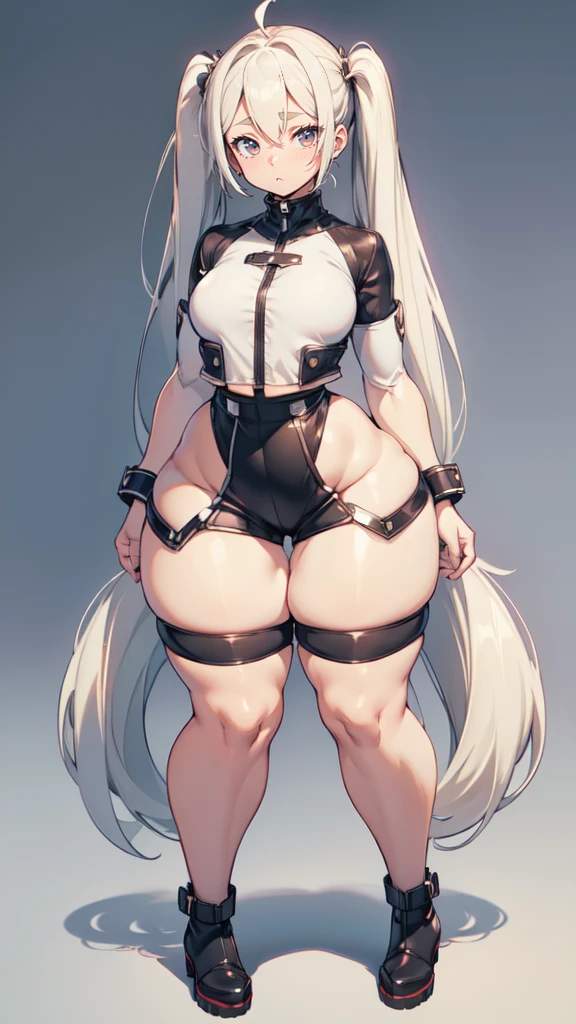 blank background, (((full body))), (masterpiece), ((best quality)), (very short girl), flat chest, short twintail, (wide hips:1.8), (thick thighs:1.5), (very short skirt), toeless footwear