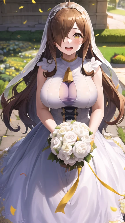 masterpiece, best quality, highres, 1girl, aawiz, long hair, ahoge, hair over one eye, large breasts, wedding dress, bridal veil, garden, holding bouquet, standing, cowboy shot, smile, tears, open mouth, confetti,