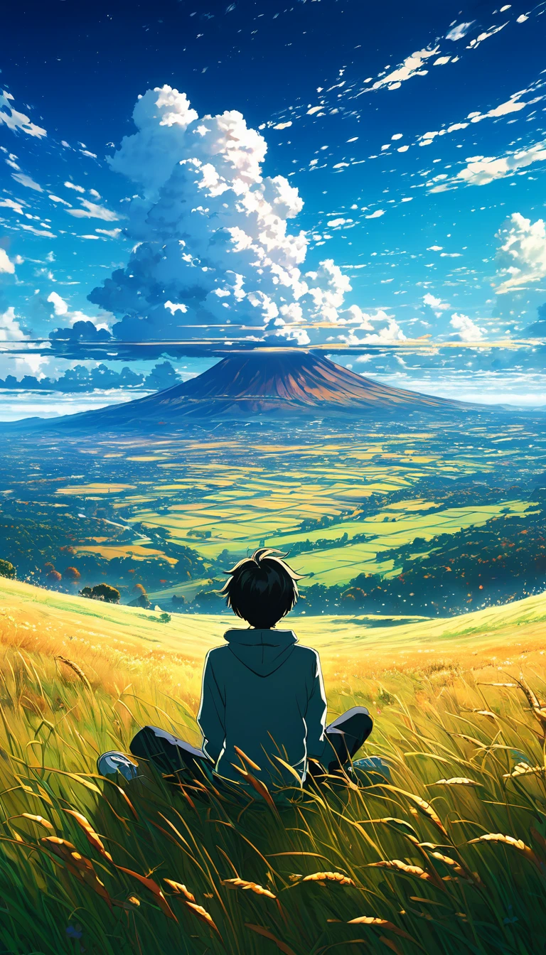 a boy sitting on a cloudy autumn meadow, viendo un vasto cielo, hiervas altas, cielo nublado, makoto shinkai cyril rolando, Fondo de pantalla de arte anime 4k, Fondo de pantalla de arte anime 4K, fondo animado, fondo de pantalla de arte anime 8 K, fondo animado art, Fondo De Pantalla De Paisaje De Anime, amazing wallpaper, hd wallpaper, fondo de pantalla animado 4k, fondo de pantalla animado 4k, arte de Aries Moross,arte de Bob Byerley , AshleyWoodArtAI, greg rutkowski