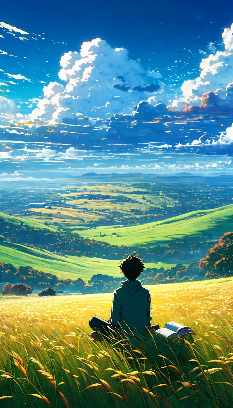 a boy sitting on a cloudy autumn meadow, viendo un vasto cielo, hiervas altas, cielo nublado, makoto shinkai cyril rolando, Fondo de pantalla de arte anime 4k, Fondo de pantalla de arte anime 4K, fondo animado, fondo de pantalla de arte anime 8 K, fondo animado art, Fondo De Pantalla De Paisaje De Anime, amazing wallpaper, hd wallpaper, fondo de pantalla animado 4k, fondo de pantalla animado 4k, arte de Aries Moross,arte de Bob Byerley , AshleyWoodArtAI, greg rutkowski