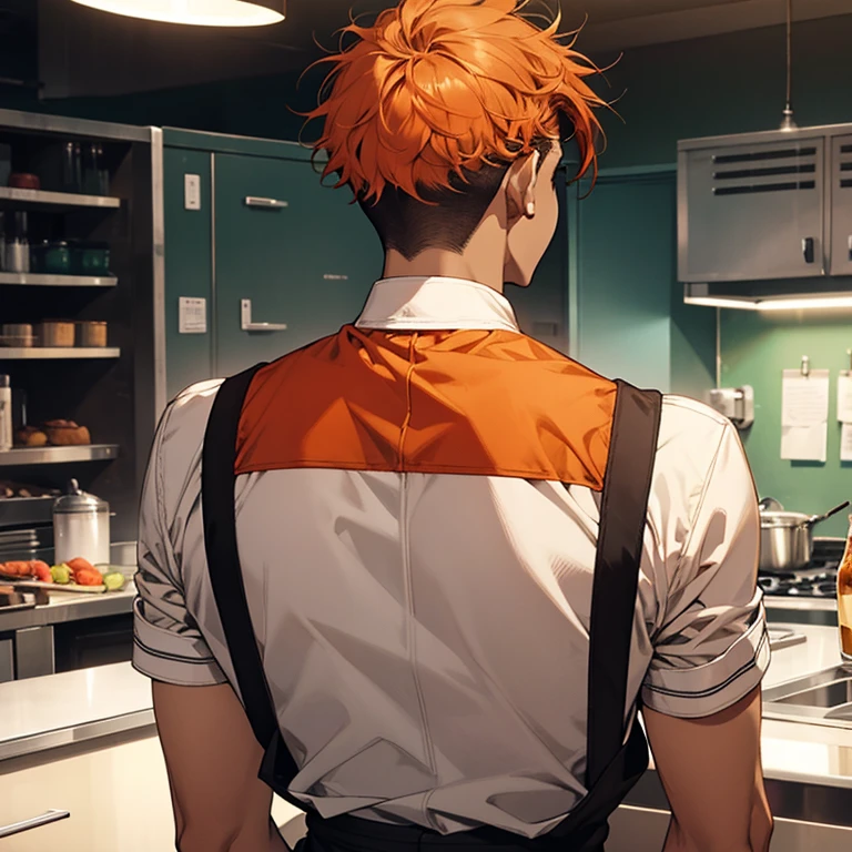 1 man, back view, orange short curly hair, black chef's outfit, shaved back of head, face obscured, I can't see your face、Black clothes、Black clothes、(best quality,4k,8k,highres,masterpiece:1.2),ultra-detailed,(realistic,photorealistic,photo-realistic:1.37),HDR,studio lighting,professional,vivid colors,detailed facial features, sharp focus