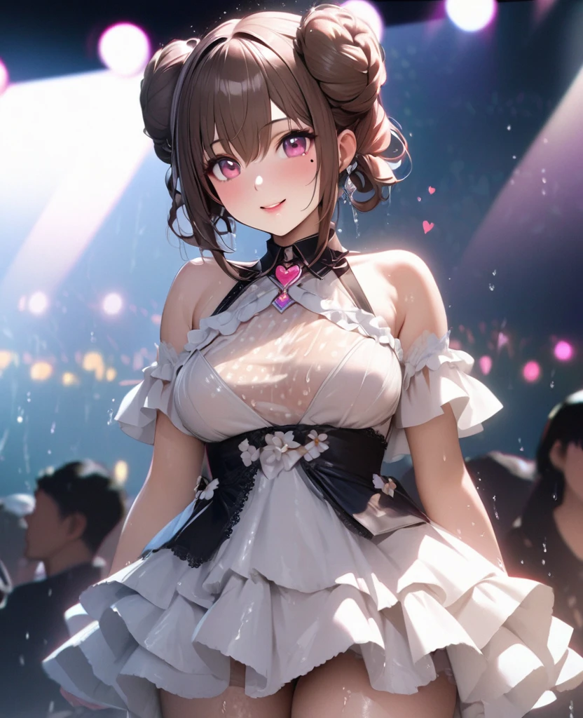 One Girl、Looking at the audience、lovely,
Beautiful pink eyes、Two brown double hair buns , Mole under the eye、Plump and glossy lips、Heart-shaped choca、Idol、Her name is May,smile、ー、。.。.。.。.。.。.。.。.。.。.。.。.。.。.。.。.。.。.3D、Realistic、
The idol's costume was soaked in the heavy rain, and her chest was wet and transparent.Heavy rain at outdoor concert, Drape clothes、gem、The decoration has been removed、Floral、Lace trim,On a glittering stage、
masterpiece、highest quality、8k、Detailed skin texture、Detailed cloth texture、Beautifully detailed face、Intricate details、Very detailed、
超A high resolution、8k Ultra HD、Film Grain、Best Shadow、delicate、Gazing at the audience、front