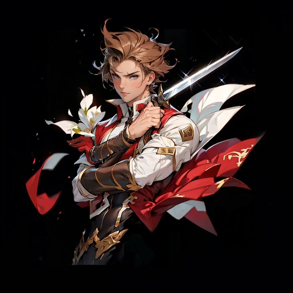 (white people、white skin、boy、20 generations)、(brown hair,short hair)、 highest quality, male focus,detailed face、Super high quality、thin waist、ripped abs、(red bodysuit、red high neck、white vest robe)、show your shoulders、strong armuscular thighs, wearing a sword, action pose
