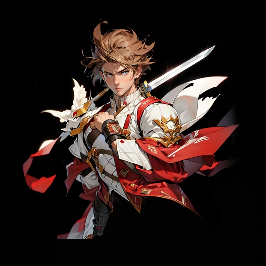 (white people、white skin、boy、20 generations)、(brown hair,short hair)、 highest quality, male focus,detailed face、Super high quality、thin waist、ripped abs、(red bodysuit、red high neck、white vest robe)、show your shoulders、strong armuscular thighs, wearing a sword, action pose