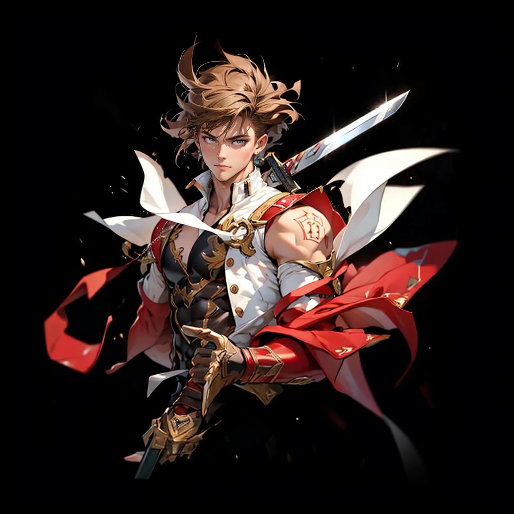 (white people、white skin、boy、20 generations)、(brown hair,short hair)、 highest quality, male focus,detailed face、Super high quality、thin waist、ripped abs、(red bodysuit、red high neck、white vest robe)、show your shoulders、strong armuscular thighs, wearing a sword, action pose