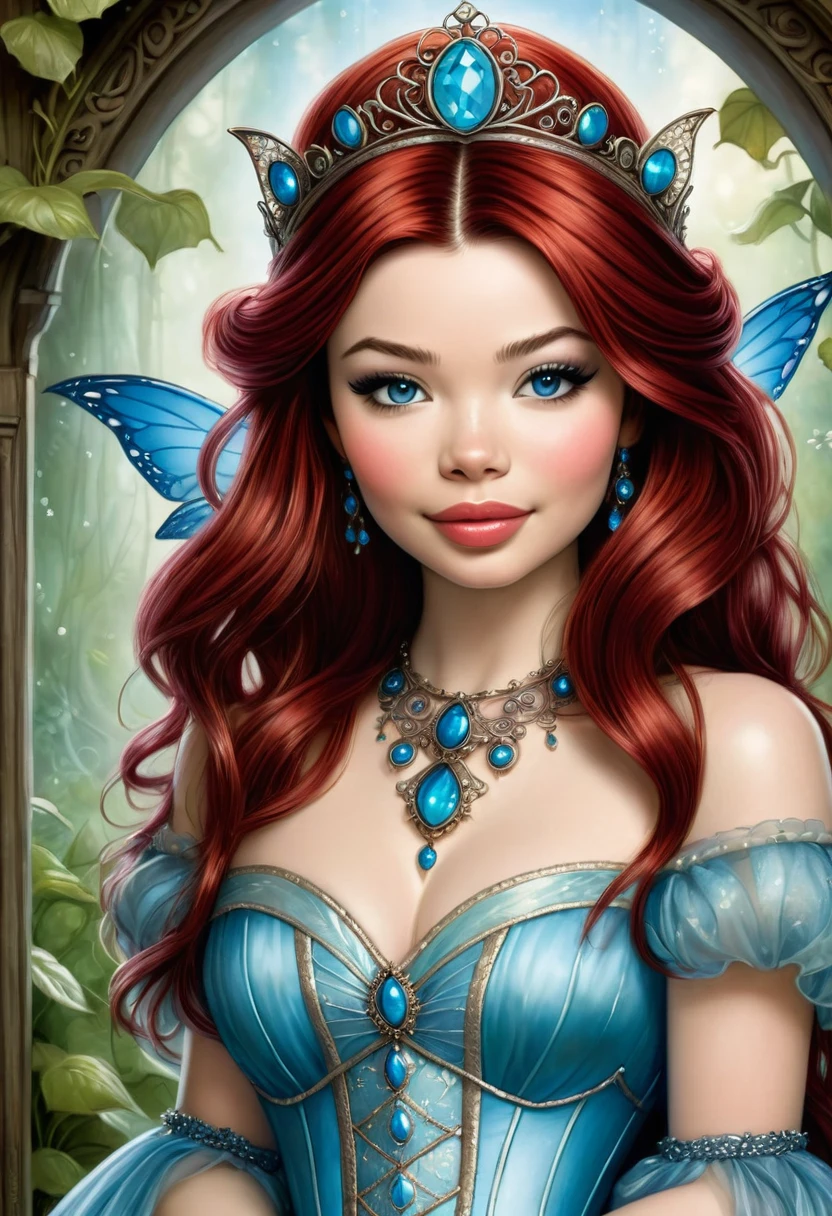 An illitration of a beautful fairy tale princess that looks like Miranda Cosgrove. Red Hair Blue Eyes. In the Style of Tony Diterlizzi
