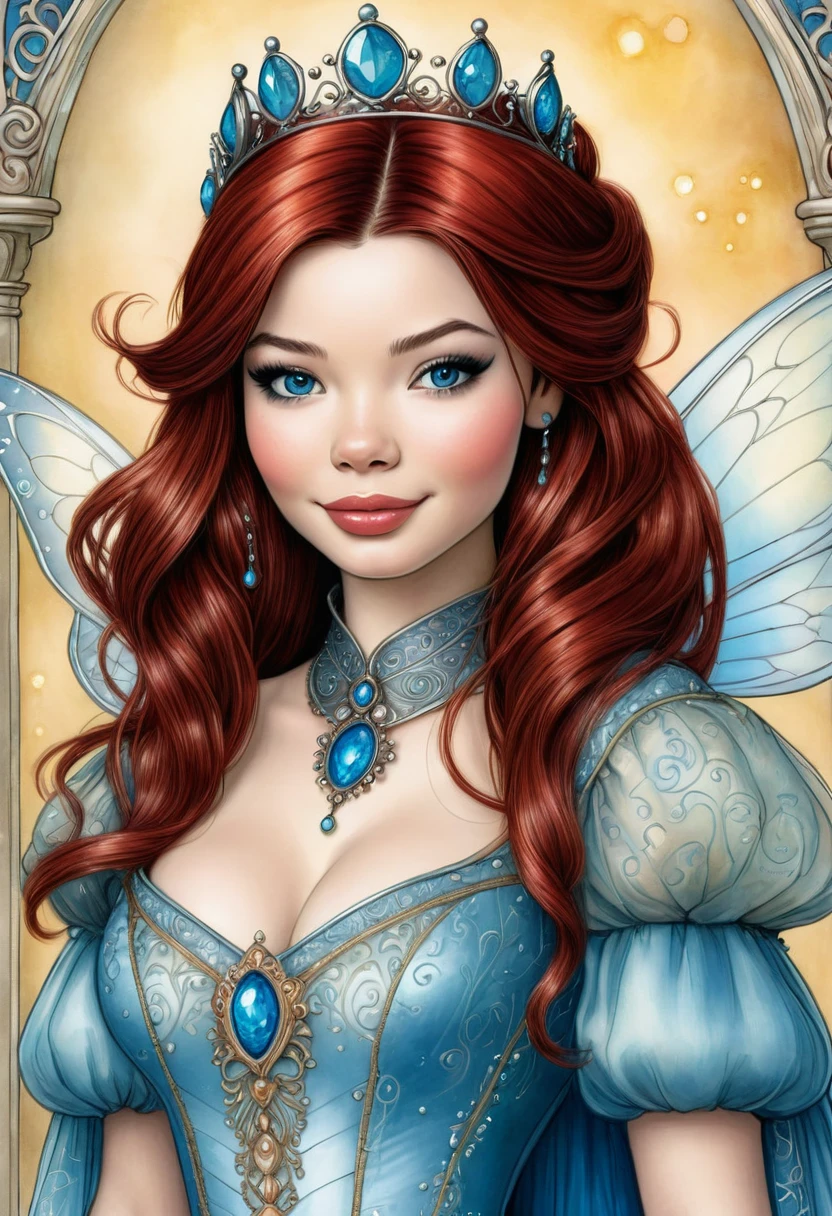 An illitration of a beautful fairy tale princess that looks like Miranda Cosgrove. Red Hair Blue Eyes. In the Style of Tony Diterlizzi