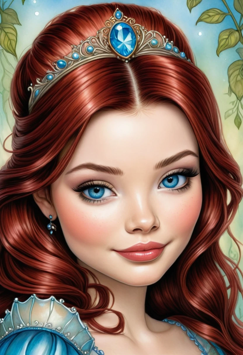 An illitration of a beautful fairy tale princess that looks like Miranda Cosgrove. Red Hair Blue Eyes. In the Style of Tony Diterlizzi