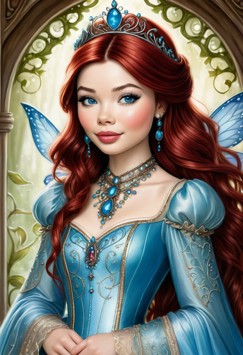 An illitration of a beautful fairy tale princess that looks like Miranda Cosgrove. Red Hair Blue Eyes. In the Style of Tony Diterlizzi