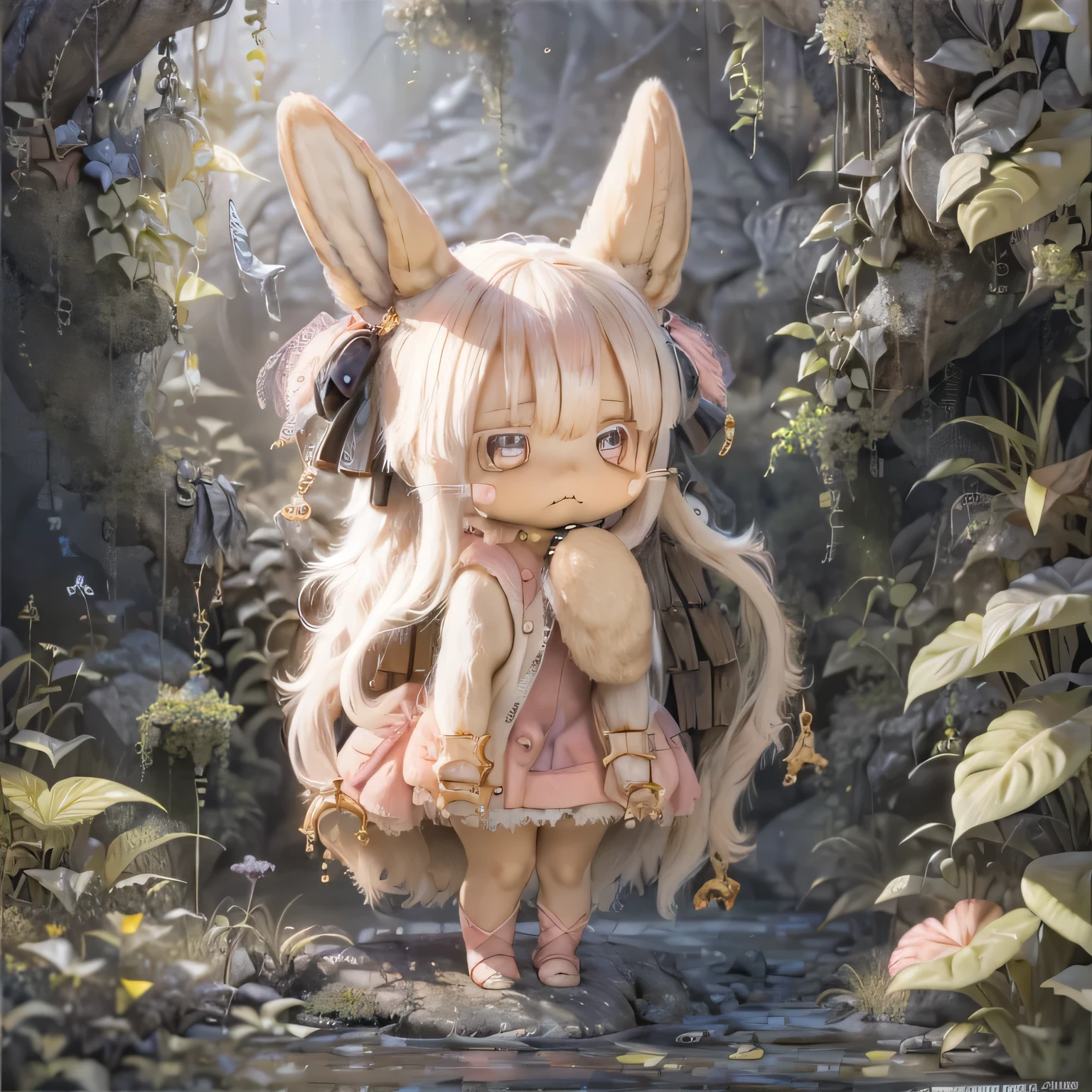 in the garden, Smiling girl, Similar to Nanachi from Made in Abyss. She is beautiful, Beautiful eyes and lips. girl (((Chibi Style,))) . The image quality is top notch, Highly detailed and realistic features. The medium of this work is、Combining illustration and photorealistic rendering.. The colors are vivid、The lighting creates a warm and bright atmosphere。Casual Full Body(((((Cute pink dress)))))Contrasting
