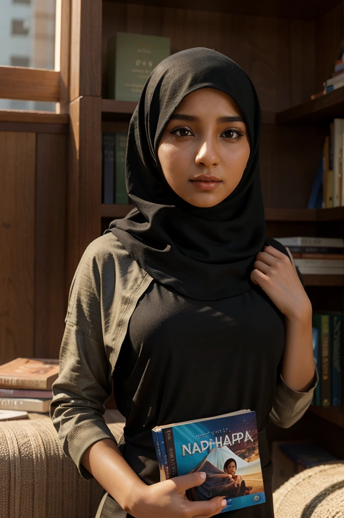 3d animations hijaber girl with book nampak setengah badan menghadap ke samping