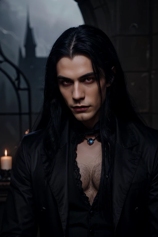 Lovely young handsome hetero Man Jinx Edward vampire with big indigo-eyes and gems and long black hair, with nice and delicate face, in a dark gothic magic castle with annie and claudia and Lestat, in Red Rose manor. Terror ambient. The more handsome man in the world. Night storm. Gothic scene. Cats eyes.
