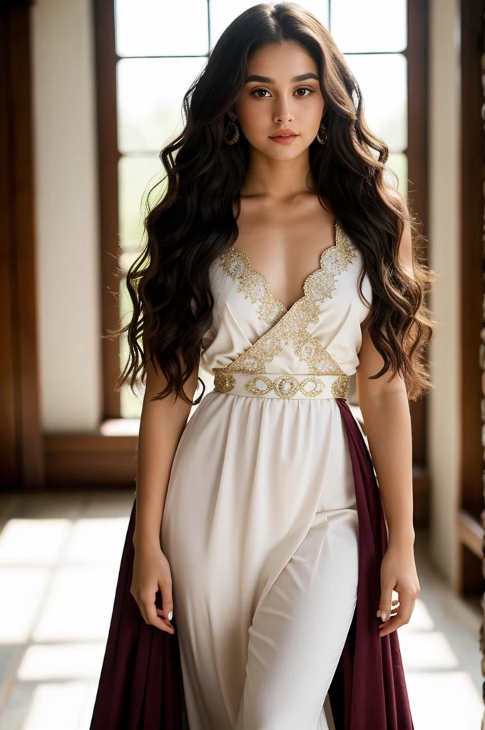 Shiera Targaryen if she had been the daughter of Raenhyra Targaryen and Harwing Strong With long, almost curly hair without so much volume and marked curls up to her brown waist..
With Violet eyes With true beauty of a Targaryen A full body image.
Dressed like in the House of the Dragon series. She is but has an adorable and unreal beauty.