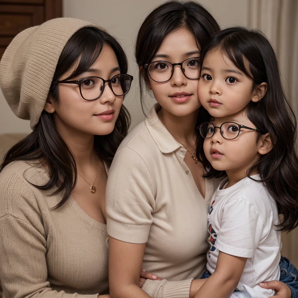 There is a chubby, bespectacled mother with brown hair and brown eyes. and a  with dark skin and black hair and another , tall, white skin, black hair