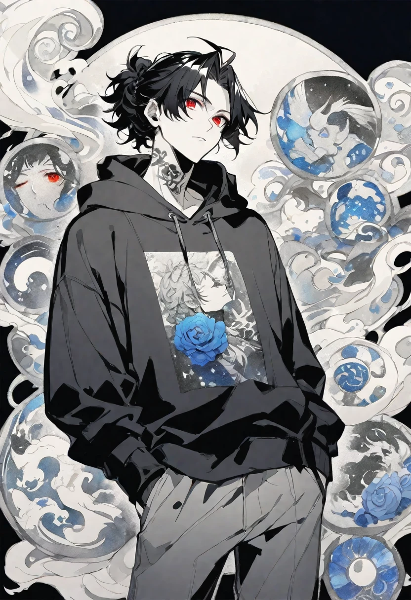 solo, handsome, Monochrome,watercolor,1 male, Ponytail, Braided black hair, red eyes, Gojo Satoru,casual,Blue Rose Tattoo,black Oversized hoodie,casual,Stylish,cool,Twelve Zodiac Signs,God,
blackbackground,icon,Despise face up