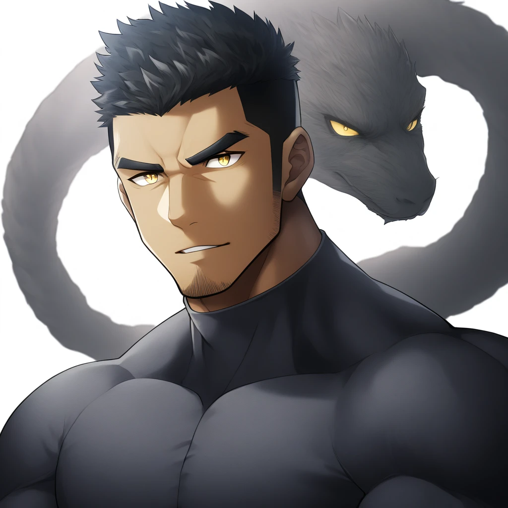 one negro, anime characters:Gyee, Hibino Kafka, Muscle Sports Student, negro black skin, Very Black, 1 muscular tough guy, Manliness, male focus, Dark grey turtleneck tight T-shirt, T-shirt with snake skin scale texture, Regular symmetrical pattern, Very tight, The pectoral muscles are oversized, muscular male, muscular, only, Upper body, alone, Black short hair, Thick eyebrows, stubble, Yellow eyes, White background, simple background, amazing quality, best aesthetics, Ridiculous, bright pupils, crew cut, parted lips, seductive smile, torogao, naughty face, best quality