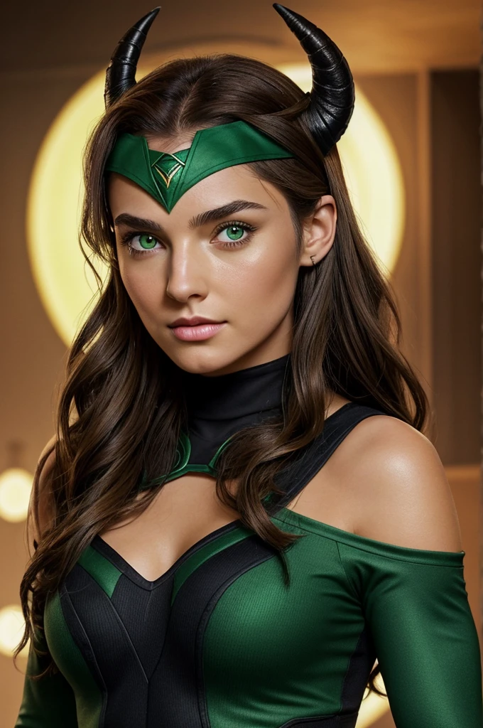 25 year old girl. Light brown hair below the shoulders , light green eyes, normal eyebrows, round and upturned nose. Dressed in a black corsed with small green details along with a legging with the same colors. It has a green headband with two small horns like the one of the scarlet witch. She is from the marvel universe