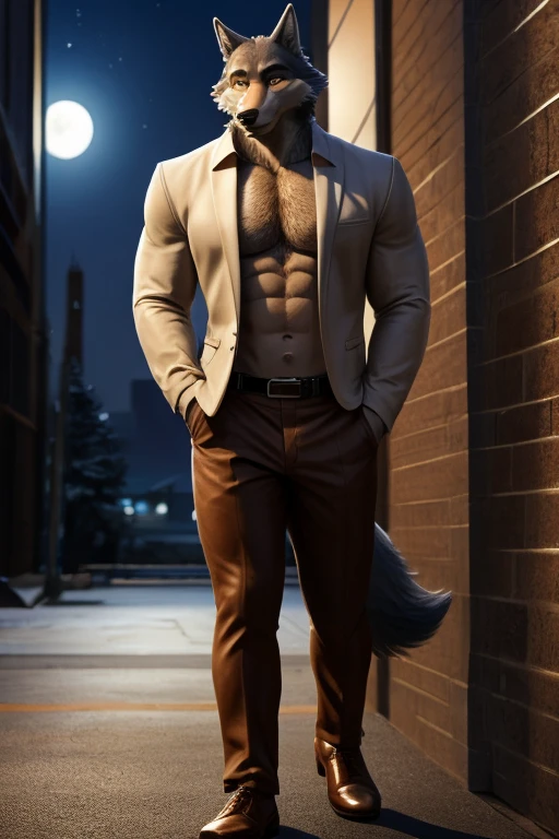 Mr. Wolf is a wolf, he has a slender build, with a dark grey snout and a white underbelly, he has deep, dark brown eyes with yellow sclera, and thick black eyebrows, with the left one having a subtle notch, Wolf likes to maintain a well-groomed and attractive appearance, and is mainly seen wearing a casual suit consisting of a cream-coloured blazer unbuttoned over a bright white dress shirt, He wears cream-coloured dress pants, a brown leather belt, and a pair of brown dress shoes, anthro wolf, male, adult, muscles, brown fur, buffed body, tail, sexy, beefy body, furred body, furry chest hair, realistic, full body, photorealistic, ultra realistic, 8k, night, bare-chested